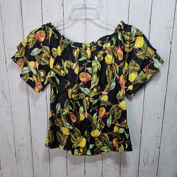 Hale Bob Women's Black Lemon Fruit Print Off Shoulder Silk Blend Shirt Size XS. - Picture 9 of 10